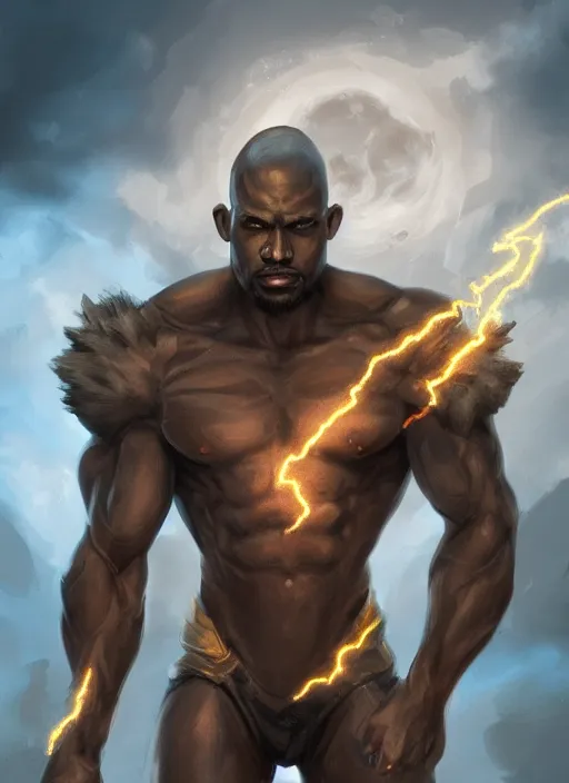 Image similar to a highly detailed illustration of short fade hair african god of lightning, evil summoning lightning from hands pose, moonlit clouds background, muscular, intricate, elegant, highly detailed, centered, digital painting, artstation, concept art, smooth, sharp focus, league of legends concept art, WLOP