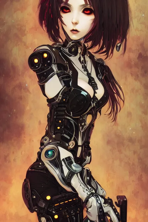 Prompt: portrait of beautiful young gothic cyborg anime maiden, cute-fine-face, fine details. Anime, cyberpunk, Warhammer, highly detailed, artstation, illustration, art by Ilya Kuvshinov and Gustav Klimt