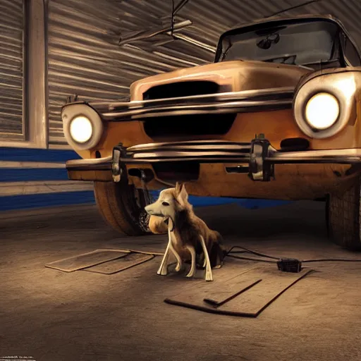 Image similar to photorealistic of a dog working as a mechanic, dynamic lighting, highly detailed