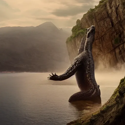 Image similar to a cinematic photo of a boy standing on the edge of a cliff over looking water, coming out of the water is a giant serpent water monster looking at the boy with it's mouth open