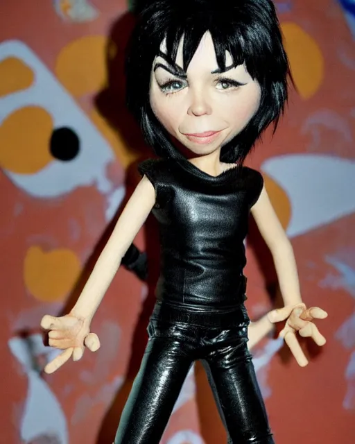 Image similar to singer joan jett wearing form fitting leather pants as a highly detailed stop motion puppet, in the style of laika studios ’ s paranorman, coraline, kubo and the two strings shot in the style