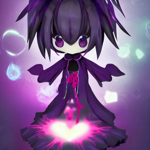 Prompt: cute fumo plush of a void imp who crawled out a hole in reality, anime girl, black and purple flares and ribbon and heart, ruffled and tattered dress, symmetry, gothic, melting crayons, glow, vray