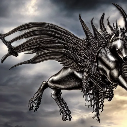 Prompt: realistic photo of an heroic pegasus with demon wings, evil eyes and venom's mouth, hr giger style, biomechanical, 4k, no artifacts