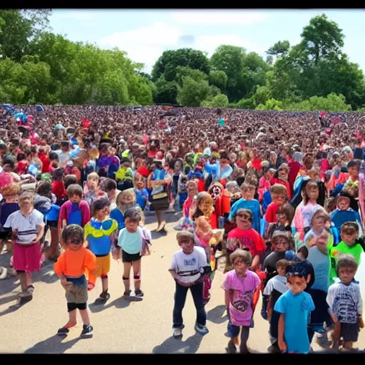 Prompt: the children are looking at a large group of people