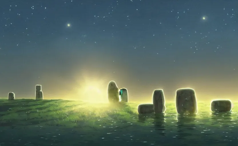 Prompt: a cell - shaded studio ghibli concept art of a ufo shining a spotlight on a caravan in a flooded stonehenge jungle on a misty starry night. very dull colors, hd, 4 k, hq