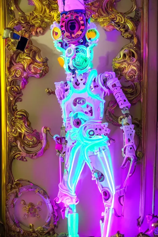 Image similar to full-body neon porcelain rococo futuristic style sculpture of a young handsome prince as a half-robot wearing retro shades, ruptured battery, leaking glowing neon radioactive liquid, electric sparks, glowing violet laser beam eyes, crown of giant diamonds, gold chain steampunk necklace, flowing purple satin, luminescent fabrics, mechanical roses. baroque and steampunk elements. full-length view. baroque element. intricate artwork by caravaggio. Trending on artstation, octane render, cinematic lighting from the right, hyper realism, octane render, 8k, depth of field, 3D