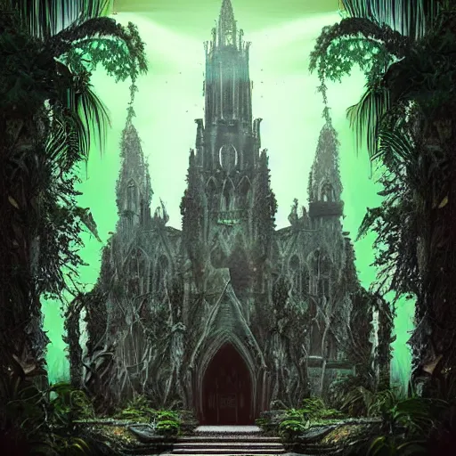 Image similar to dark fantasy cathedral in jungle