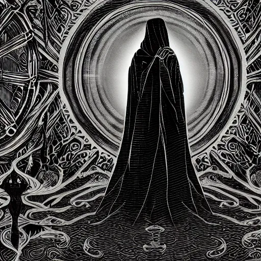 Image similar to a dark figure in a flowing robe haunts the end of time, featured, detailed, 4k, intricate lines