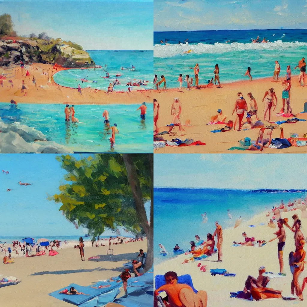 Prompt: Hot sunny beach seeing lots of people swimming and paddling in the sea, painted in a loose painterly style