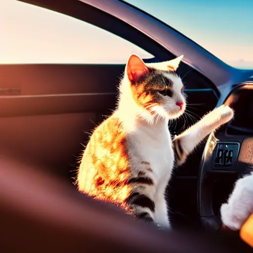 Prompt: cat sitting in driver seat of a cabriolet, paws touching steering wheel, golden hour, top view