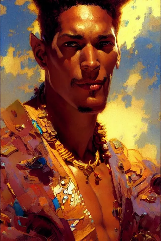 Image similar to attractive male, character design, colorful, afrofuturism, painting by gaston bussiere, craig mullins, j. c. leyendecker