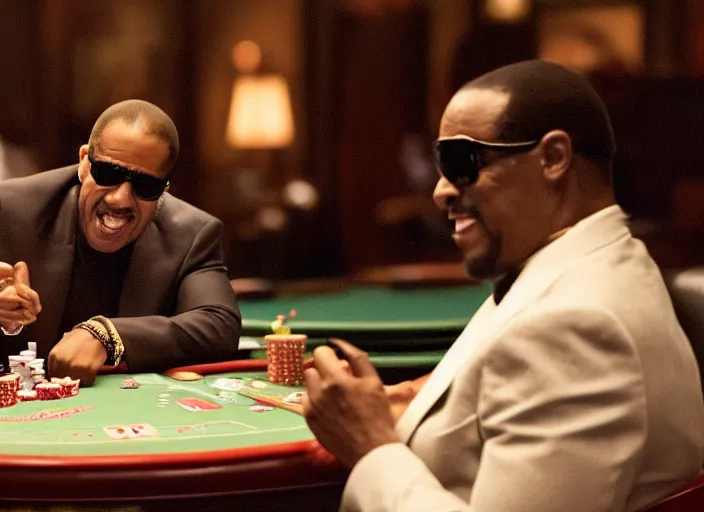 Image similar to film still of Stevie Wonder playing Poker in the new CASINO ROYAL movie, 8k