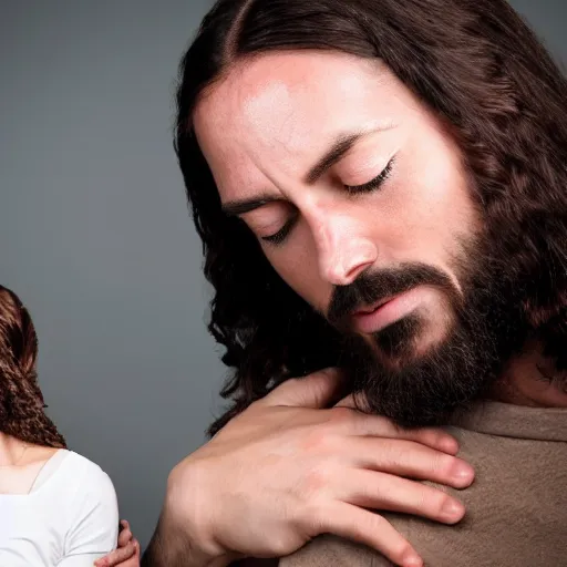 Image similar to creepy jesus christ hovering over a young woman rubbing her shoulder and sniffing her hair.