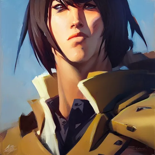 Image similar to greg manchess portrait painting of eren jager as overwatch character, medium shot, asymmetrical, profile picture, organic painting, sunny day, matte painting, bold shapes, hard edges, street art, trending on artstation, by huang guangjian and gil elvgren and sachin teng