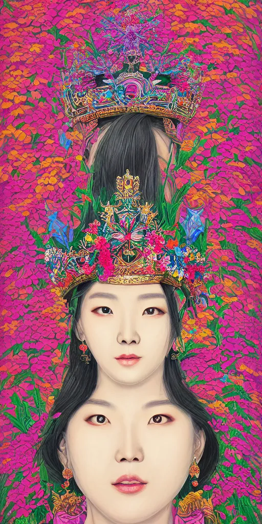 Prompt: highly detailed portrait of a korean queen, wearing a crown of flowers by roger dean and alena aenami