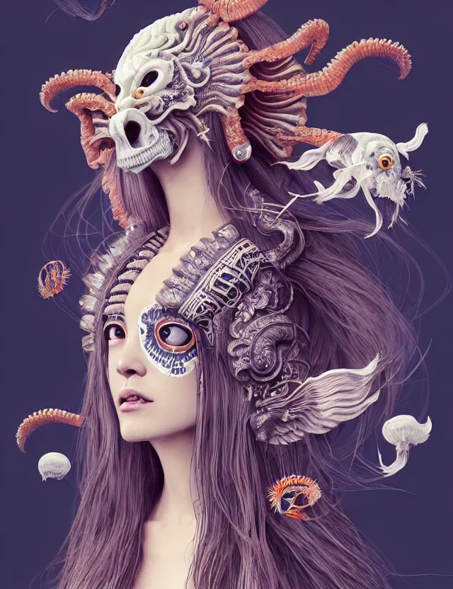 Image similar to 3 d goddess ram skull half - turn portrait with long hair with ram skull. beautiful intricately detailed japanese crow kitsune mask and clasical japanese kimono. betta fish, jellyfish phoenix, bio luminescent, plasma, ice, water, wind, creature, artwork by tooth wu and wlop and beeple and greg rutkowski