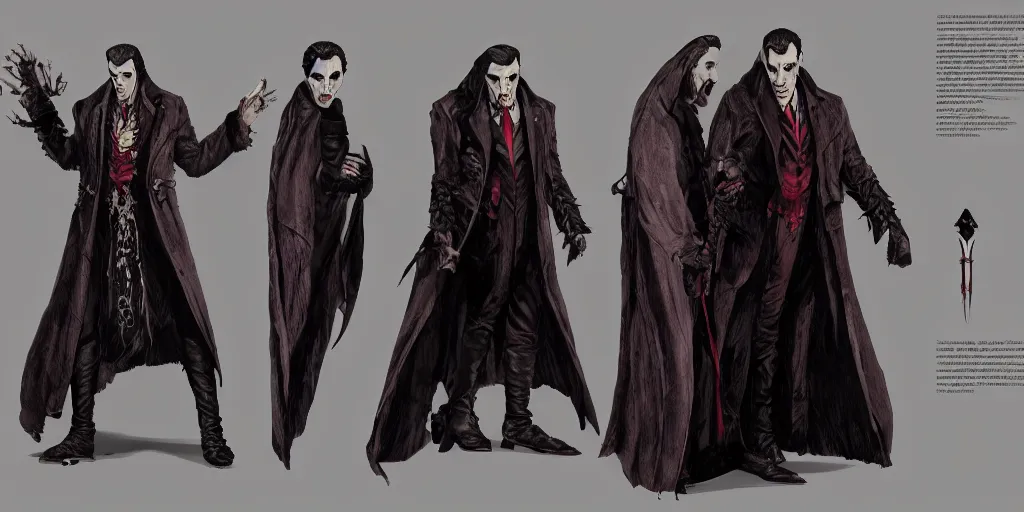 Image similar to dracula, character sheet, concept design, contrast, hot toys, kim jung gi, greg rutkowski, zabrocki, karlkka, jayison devadas, trending on artstation, 8 k, ultra wide angle, pincushion lens effect