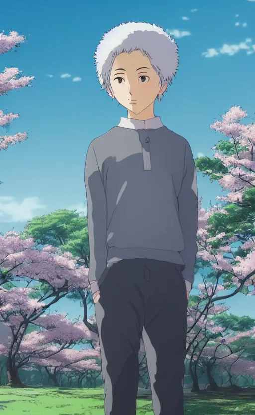 Image similar to an ultrawide photo of picollo standing in front of sakura trees, studio ghibli concept art, detailed face, beautiful face, beautiful eyes, beautiful lighting, hdr, 4 k