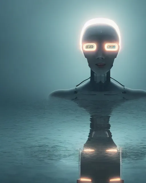 Prompt: beautiful centered photo portrait of hoyeon jung as a solarpunk robotic humanoid with white mechanical parts with bright halogen lights, walking through calm water, ultra - realistic and detailed, foggy background, sunset lighting, soft focus, slow exposure hdr 8 k