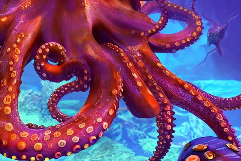 Prompt: dramatic and happy octopus swimming in an octopus'garden under the sea in the shade. trending on cgsociety, happy atmosphere, volumetric lighting, unreal engine, exaggerated detailed, 3 5 mm lens,