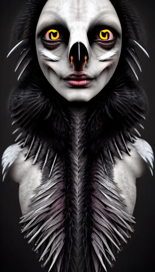 Image similar to epic professional digital portrait art of a human - crow hybrid creature, human eyes, crow head, crow beak, feathery skin, feathered humanoid torso