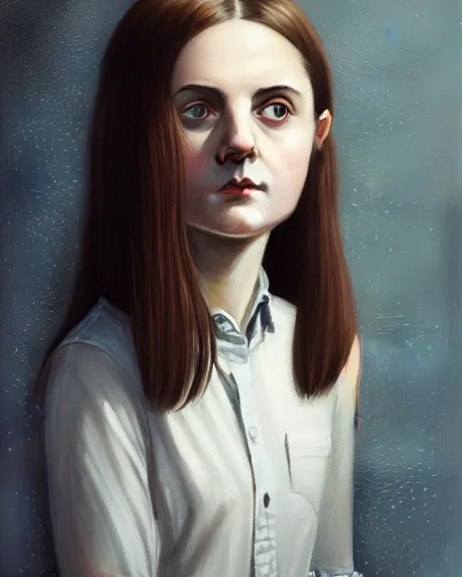 Prompt: portrait of a welsh teenage girl with brown hair, glowing skin, delicate features, quiet beauty, amelie poulain, Audreybreaker, teenage Louise brealey, fantasy, intricate, elegant, dress shirt, highly detailed, digital painting, artstation, concept art, smooth, sharp focus, illustration, art by Krenz Cushart and Artem Demura and alphonse mucha