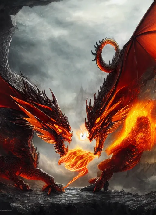 Prompt: fire dragon attacking a wizard's tower, highly detailed, 4 k, hdr, award - winning, directed by zack snyder, trending on art station, matte