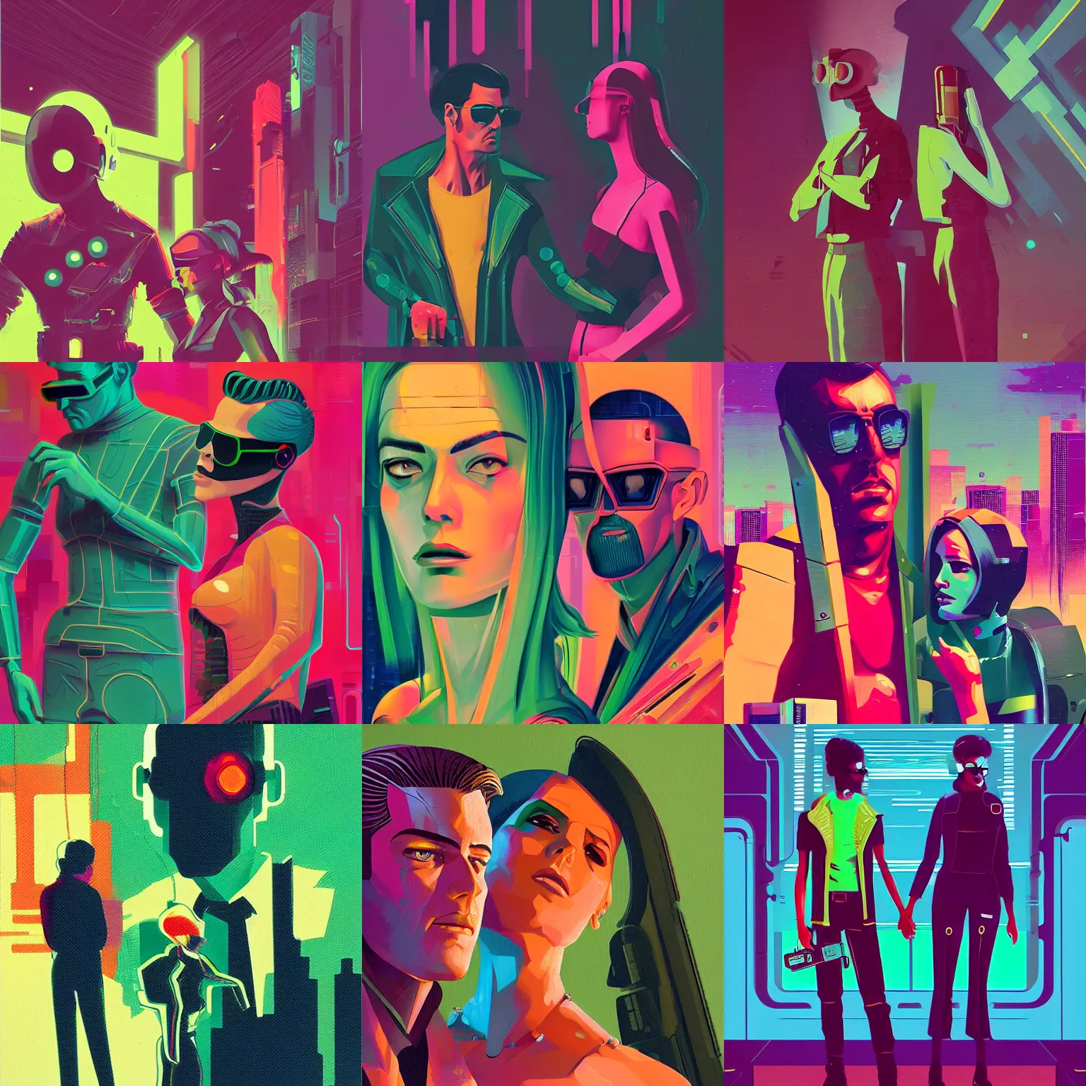 Prompt: a graph style gauche impasto romance man and woman, cyberpunk art by james gilleard, cgsociety, retrofuturism, synthwave, retrowave, outrun, olive green