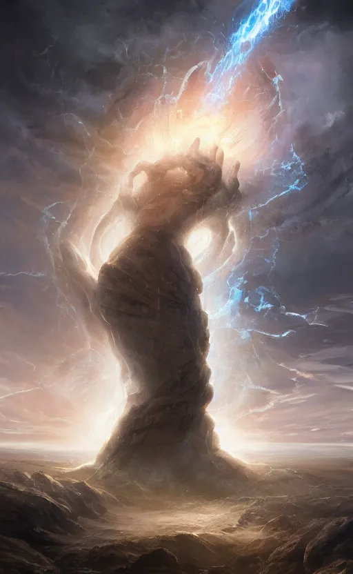 Image similar to the hand of God coming out of a portal hopping and time warping with reckless abandon, dramatic scene, masterpiece digital painting by Greg Rutkowski, Alex Grey, artstation, 4k wallpaper