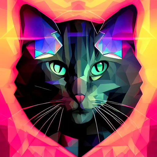 Prompt: high quality photo of cat, digital art, polygonal art, cyberpunk, synthwave