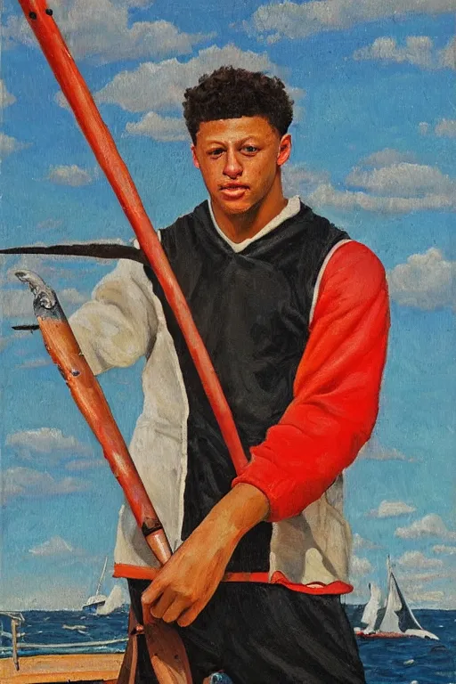 Image similar to patrick mahomes holding a whaling harpoon, the harpoon is sharp, he's on an old sailing boat, oil painting