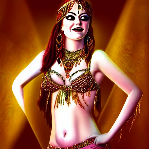 Image similar to a portrait of emma stone dressed as a belly dancer, arabian night, high quality, fully detailed, 4 k, in focus face with fine details, realistic hand details and anatomy, inspired by belly dancer shakira