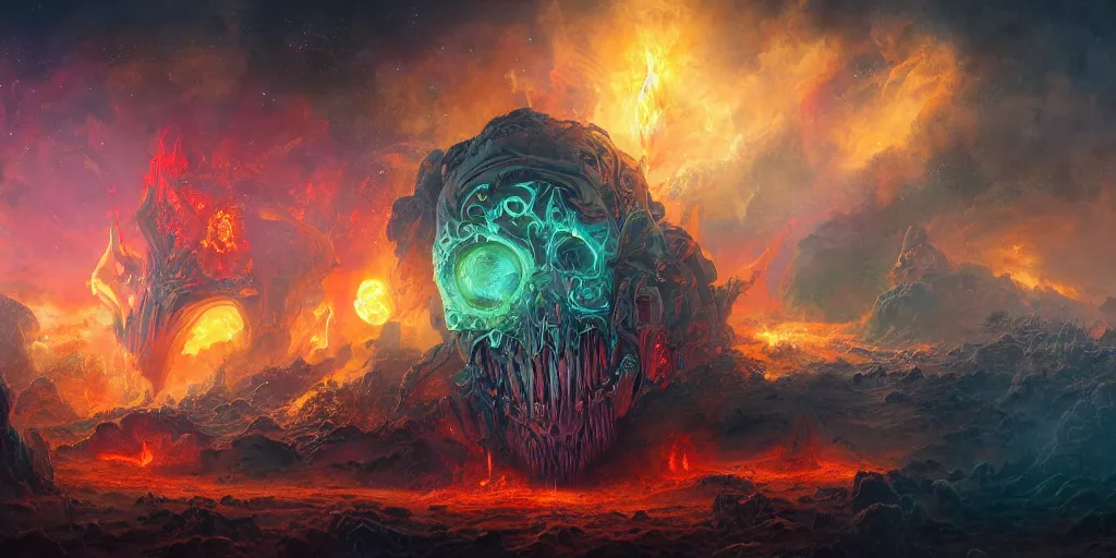 Prompt: gigantic demonic cosmic skull of death and fire, outer space, fantasy painting, ultra realistic, dmt, symmetrical, wide angle, intricate details, digital painting, rainbowshift, vivid colors, highly detailed by peter mohrbacher, h. r. giger, maxfield parrish, craig mullins, octane render, cgi