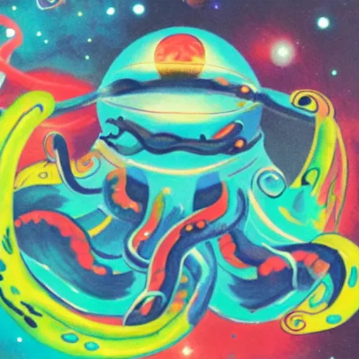 Image similar to space octopus planets stars tentacles eyes light forward facing arms