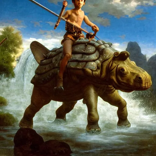 Prompt: a hd photo of skinny tan 1 0 year old half - asian boy with dark anime hair riding an armored hippo down a waterfall with a large sword in one hand and a shield in the other hand, photorealistic, alan bean, alexandre cabanel, john philip falter, high definition face, scowl on face