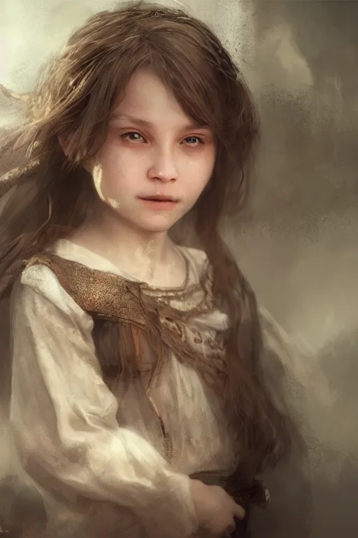 Image similar to medieval little girl, joyful, hope, dreaming, close - up portrait, intricate, elegant, volumetric lighting, scenery, digital painting, highly detailed, artstation, sharp focus, illustration, concept art, ruan jia, steve mccurry