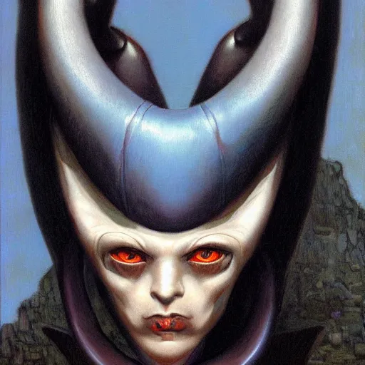 Prompt: portrait of a humanoid with horns, cyan skin and completely black eyes, by gerald brom