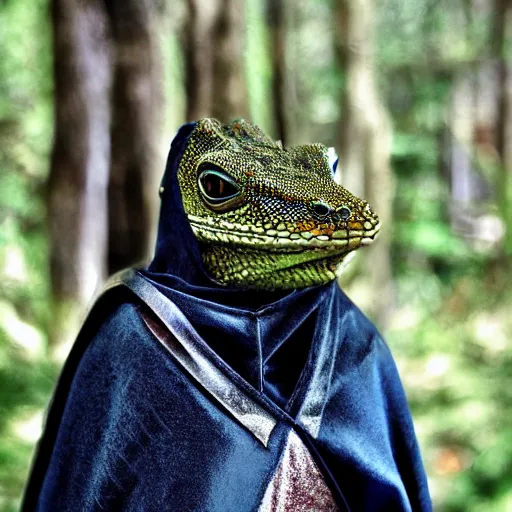 Image similar to medieval cloak wearing anthro lizard, photograph captured in the woods