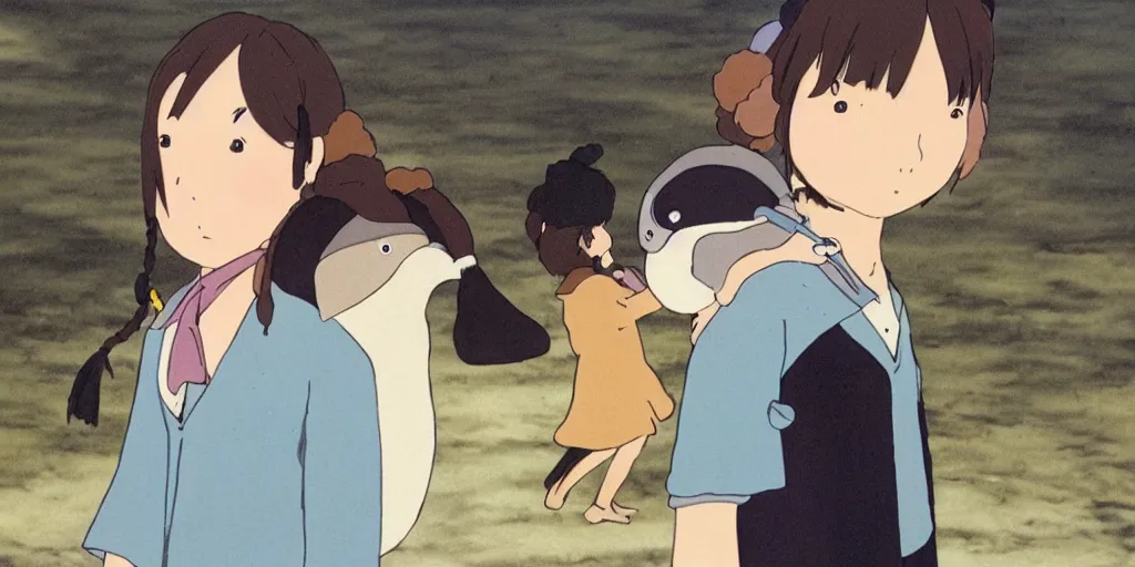 Image similar to a girl with a penguin on her shoulder, still from a studio ghibli film