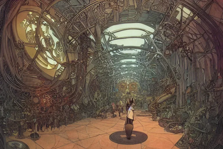 Prompt: front view on steampunk hallway, kid and mad scientist walking, giant video screens, sci - fi, big interior plants, retrofuturism, concept art by mucha and moebius and victo ngai, architecture by francois schuiten, clean line, diesel punk, artstation
