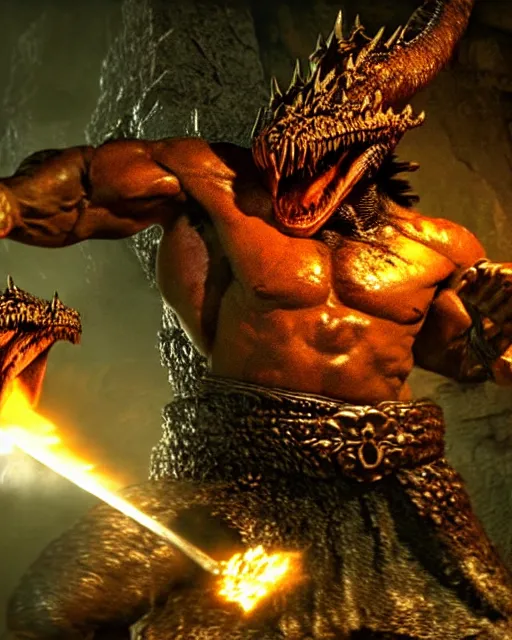 Prompt: closeup Photo of Conan the Barbarian punching a dragon in a dark souls dungeon, rim lighting, octane, Frank frazetta, Edgar Rice Burroughs,