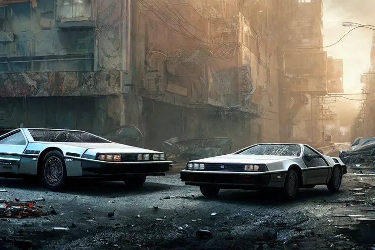 Image similar to highly detailed photorealistic rendering of a delorean parked on the streets of a cyberpunk abandoned city with the door open, futuristic post - apocalyptic vibe, by greg rutkowski and stanley artgerm and alphonse mucha, octane, sharp focus, hyperrealistic, unreal engine 5, vray, masterpiece