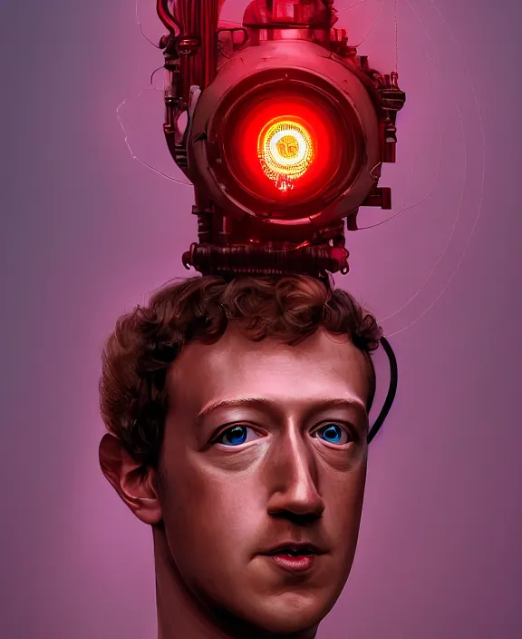 Image similar to Mark Zuckerberg with a glowing red steampunk eye implant by Steohan Martiniere and Moebius, 4k resolution, detailed