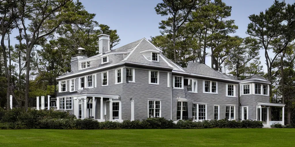 Image similar to grey brick wooden cape cod with pine trees and tile white black mansion by mcalpine house, by jackson & leroy architects