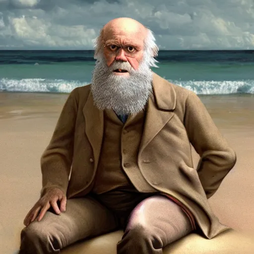 Image similar to charles darwin in a bikini realistic 4 k photograph