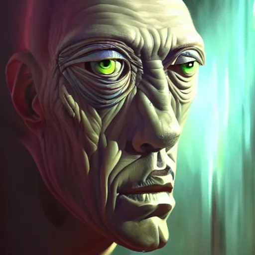 Prompt: stunning painting of wise man looks at mirror and see himself as an alien by concept art, character art, sci - fi, masterpiece, ultra detailed face and eyes, weird objects, cinematic, sharp focus, centered, 8 k hd resolution