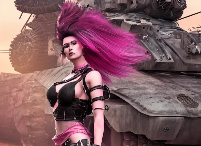 Image similar to beautiful apocalyptic woman with pink Mohawk, posing on mad max panzer tank, 4k ultra hd, fantasy dark art, artstation, octane render