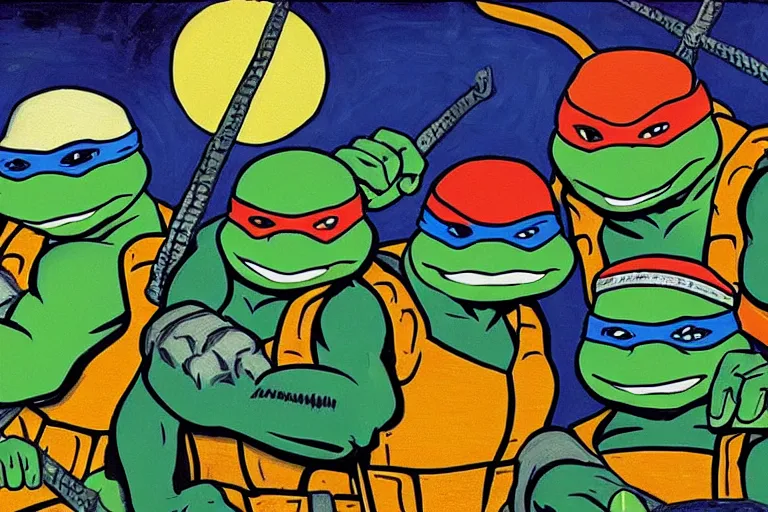 Image similar to teenage mutant ninja turtles meet the beastie boys, painted by vincent van gogh