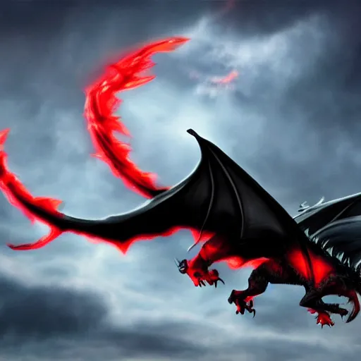 Prompt: epic dragon made of shadows, flying through the skies, black mist and clouds surround, with red lightning coming out