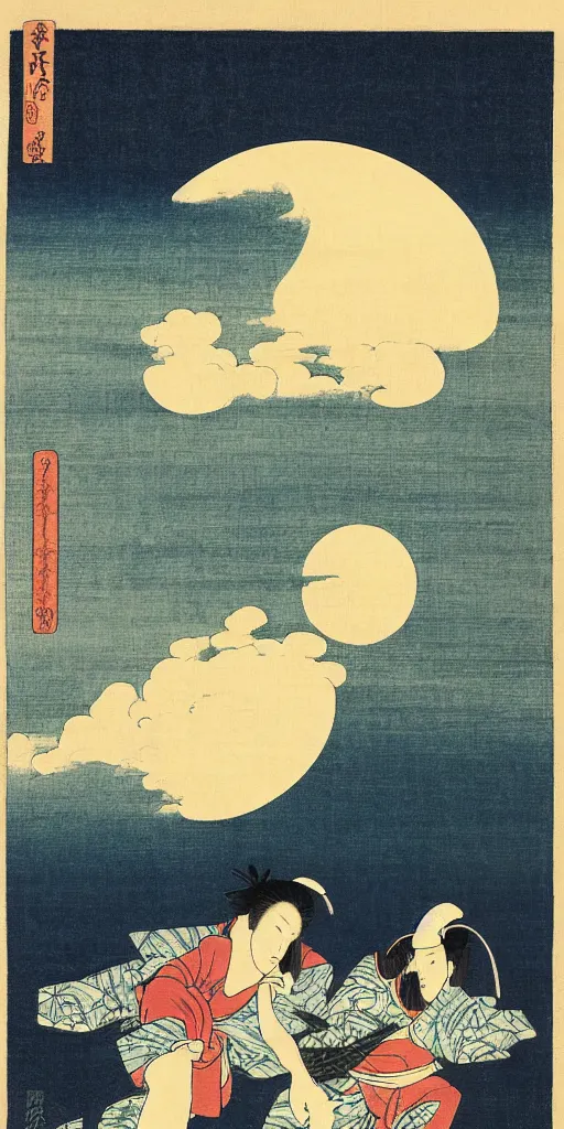 Image similar to a ukiyo - e style woodblock print of a gigantic full moon high in the sky and live rabbit on the ground, landscape and night sky, flat perspective and balanced composition and elegant design and clean and wonderful and beautiful, by katsushika hokusai and kawase hasui